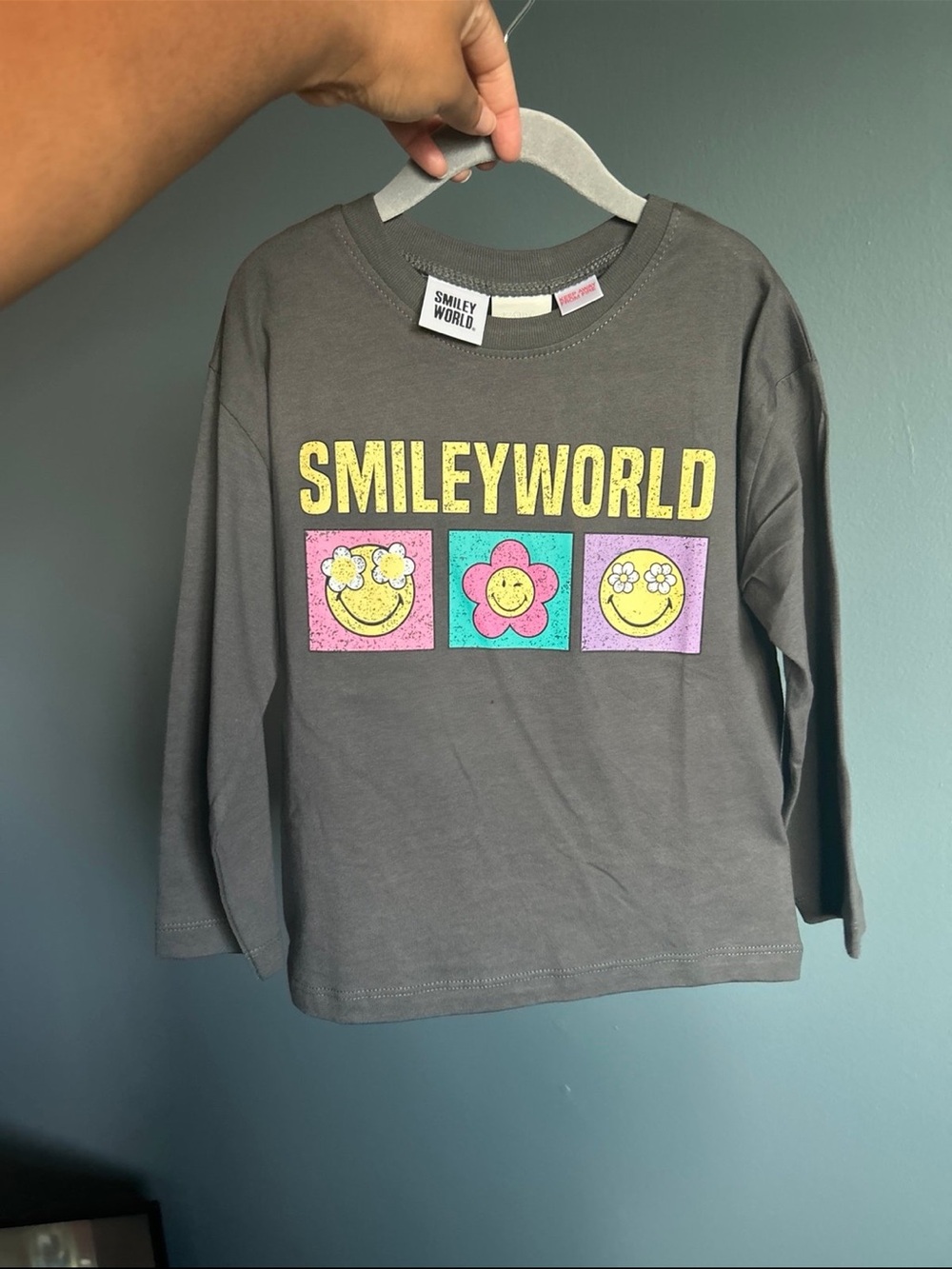 Zara Gray Long Sleeve Tee with Yellow, Pink & Teal Smiley Graphics